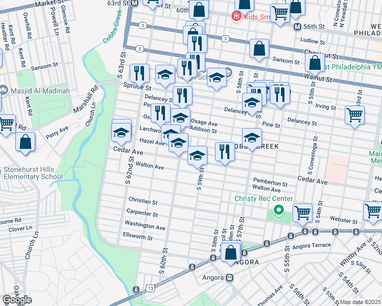 map of restaurants, bars, coffee shops, grocery stores, and more near 551 South Salford Street in Philadelphia