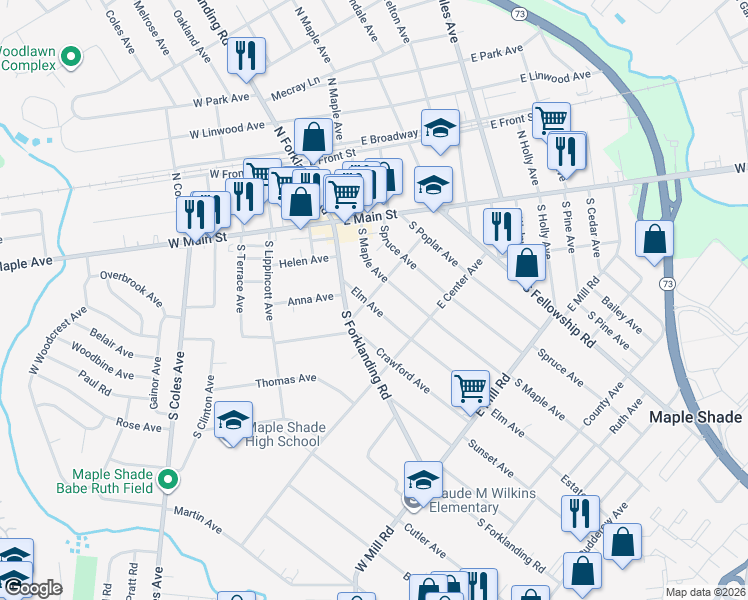 map of restaurants, bars, coffee shops, grocery stores, and more near 201 Elm Avenue in Maple Shade Township
