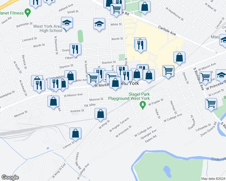 map of restaurants, bars, coffee shops, grocery stores, and more near 20 South Adams Street in West York