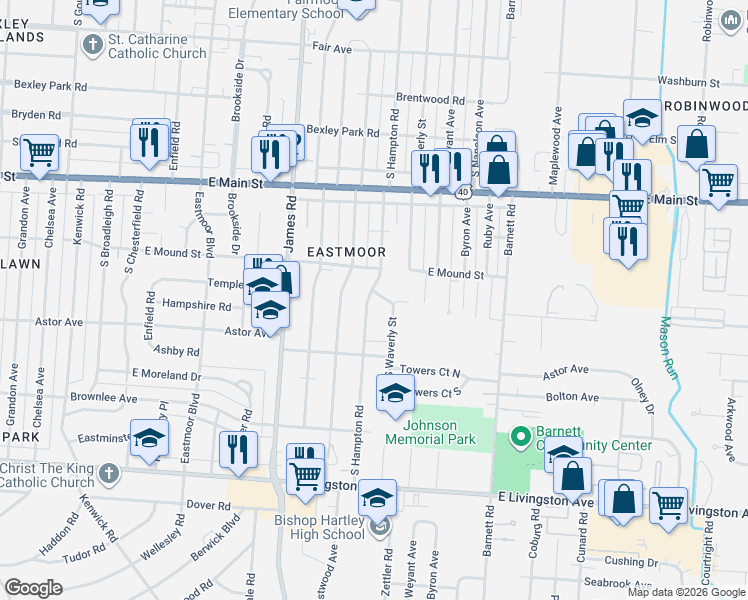 map of restaurants, bars, coffee shops, grocery stores, and more near 3251 East Fulton Street in Columbus