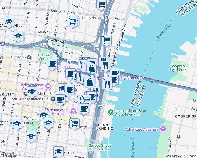 map of restaurants, bars, coffee shops, grocery stores, and more near 142 North Front Street in Philadelphia