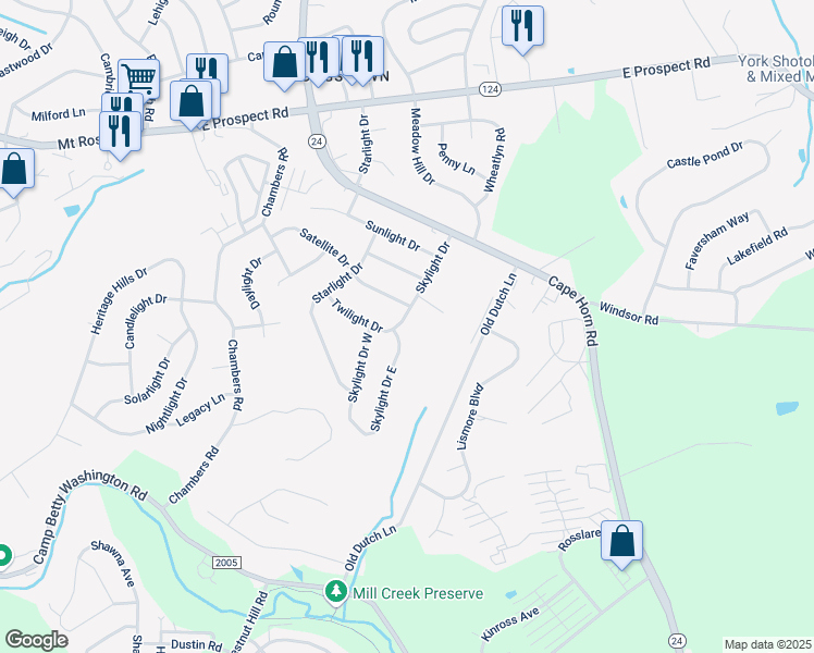 map of restaurants, bars, coffee shops, grocery stores, and more near 981 Skylight Drive in York