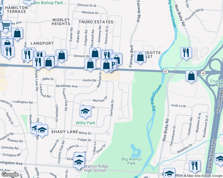 map of restaurants, bars, coffee shops, grocery stores, and more near 1184 Gertrude Drive in Columbus