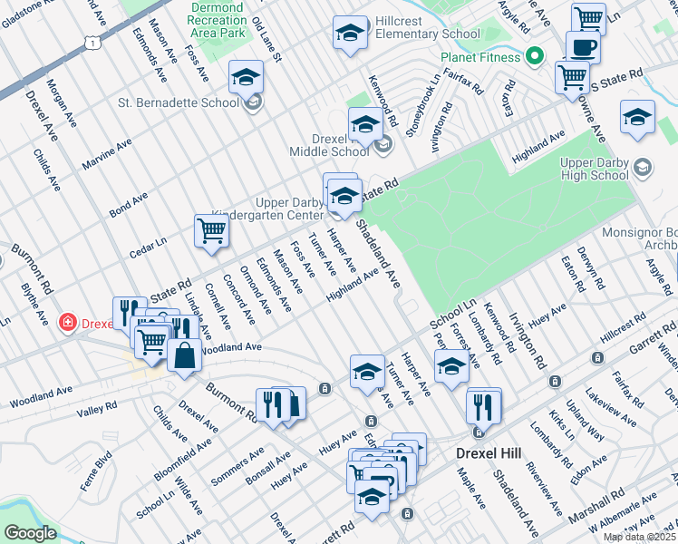 map of restaurants, bars, coffee shops, grocery stores, and more near 715 Turner Avenue in Drexel Hill