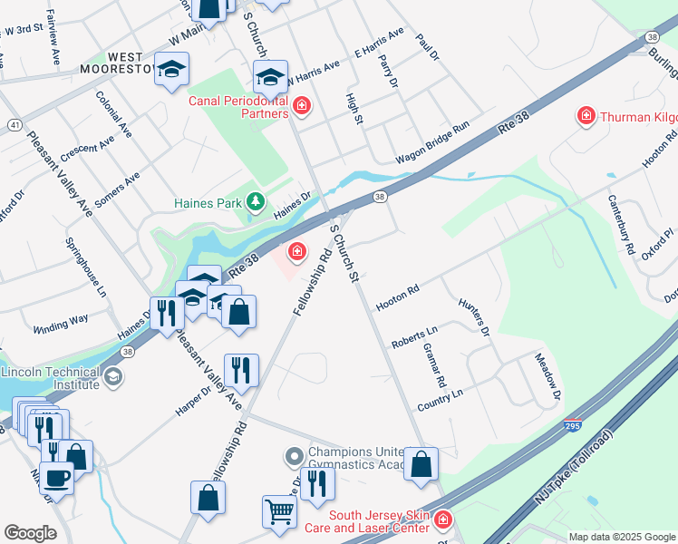 map of restaurants, bars, coffee shops, grocery stores, and more near 480 South Church Street in Moorestown