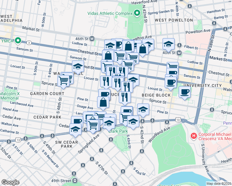 map of restaurants, bars, coffee shops, grocery stores, and more near 4411 Spruce Street in Philadelphia