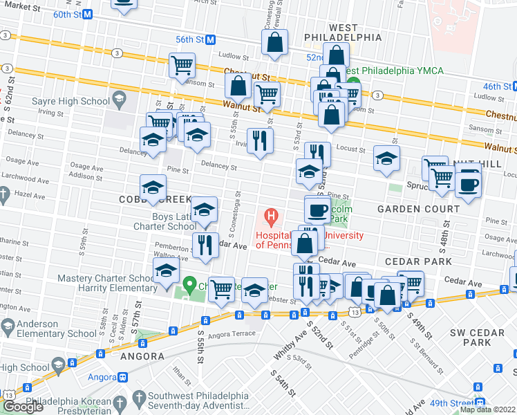 map of restaurants, bars, coffee shops, grocery stores, and more near 5331 Larchwood Avenue in Philadelphia