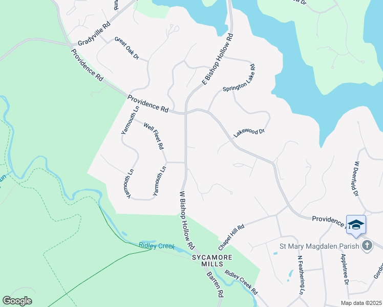 map of restaurants, bars, coffee shops, grocery stores, and more near 22 East Bishop Hollow Road in Media