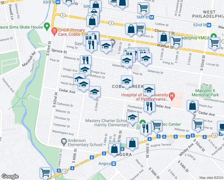 map of restaurants, bars, coffee shops, grocery stores, and more near 5800 Hazel Avenue in Philadelphia