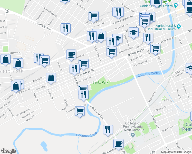 map of restaurants, bars, coffee shops, grocery stores, and more near 759 Salem Avenue in York