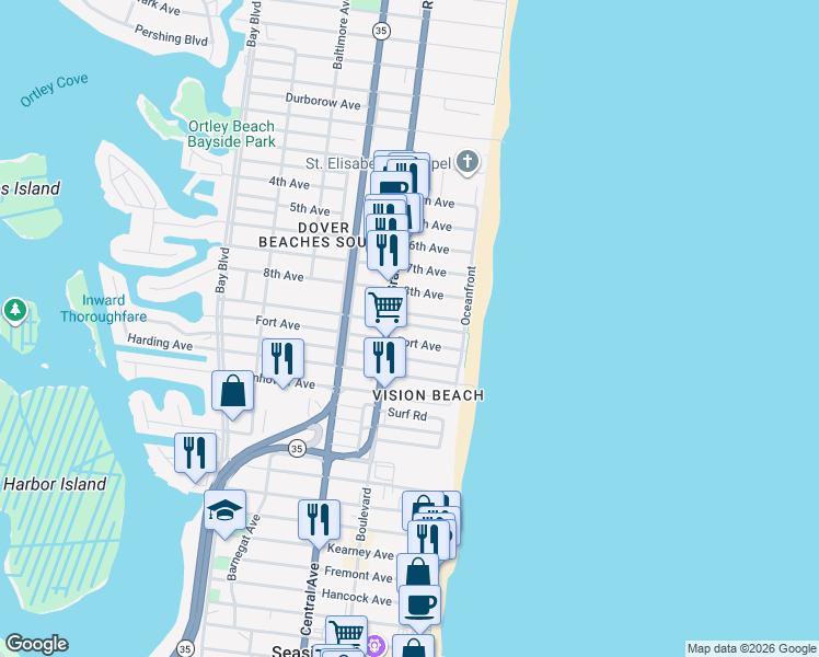 map of restaurants, bars, coffee shops, grocery stores, and more near 63 Fort Avenue in Seaside Heights