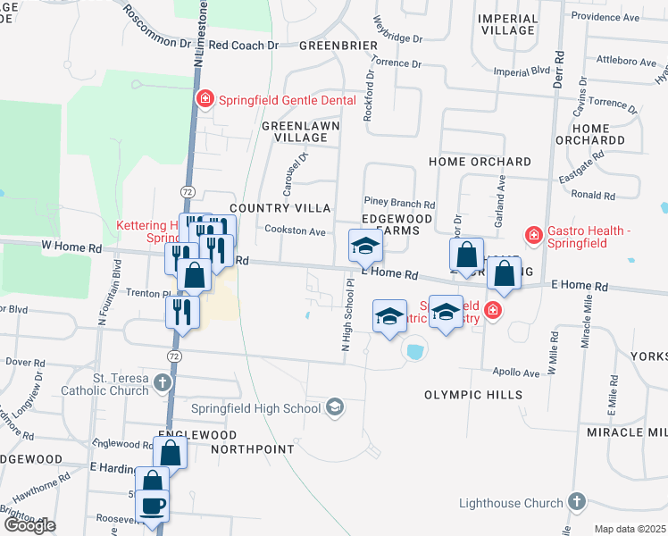 map of restaurants, bars, coffee shops, grocery stores, and more near 701 East Home Road in Springfield