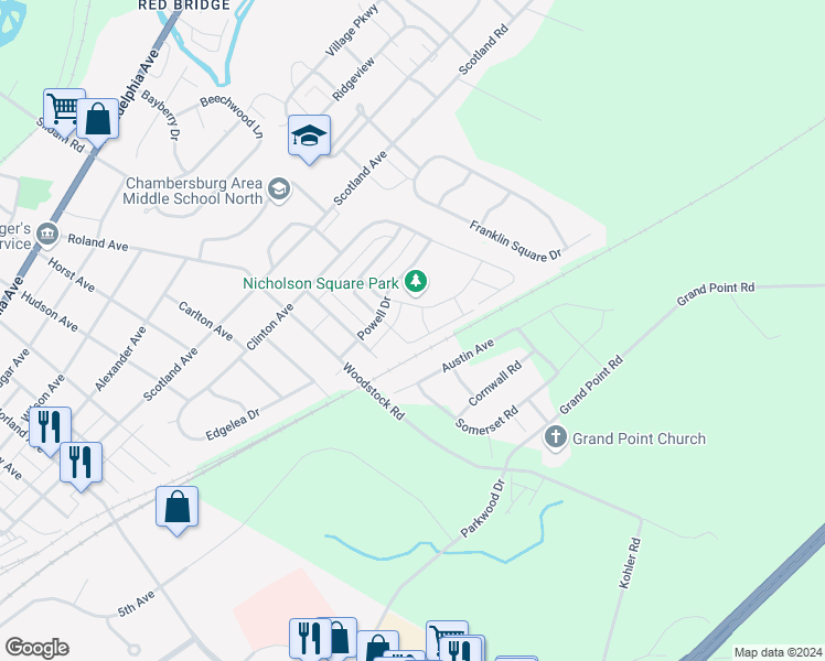 map of restaurants, bars, coffee shops, grocery stores, and more near 630 Bassett Drive in Chambersburg