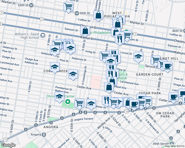 map of restaurants, bars, coffee shops, grocery stores, and more near 5331 Larchwood Avenue in Philadelphia
