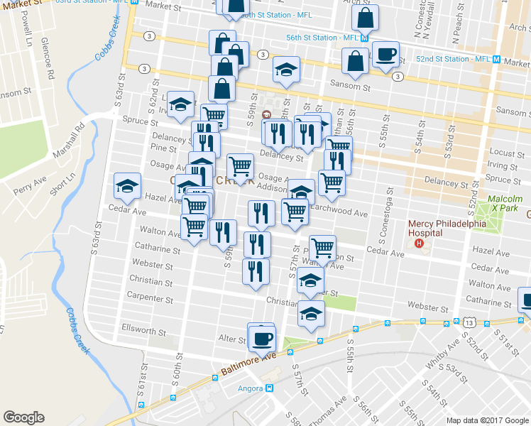 map of restaurants, bars, coffee shops, grocery stores, and more near 5802 Hazel Avenue in Philadelphia