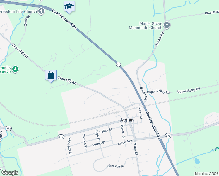 map of restaurants, bars, coffee shops, grocery stores, and more near 235 Zion Hill Road in Atglen