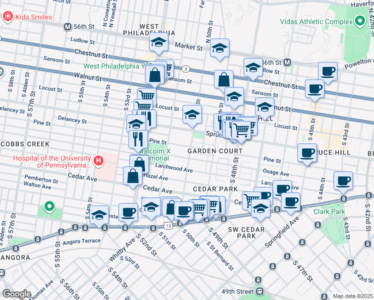 map of restaurants, bars, coffee shops, grocery stores, and more near 5004 Pine Street in Philadelphia