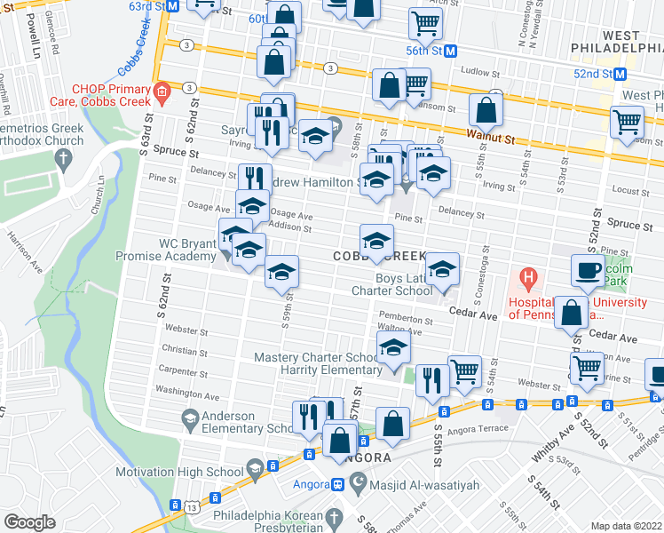 map of restaurants, bars, coffee shops, grocery stores, and more near 5802 Hazel Avenue in Philadelphia