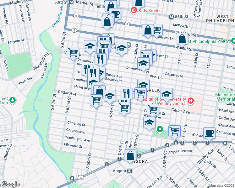 map of restaurants, bars, coffee shops, grocery stores, and more near 5855 Rodman Street in Philadelphia