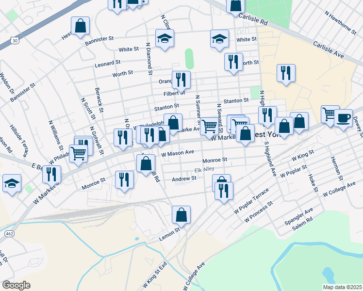 map of restaurants, bars, coffee shops, grocery stores, and more near 1784 West Market Street in West York