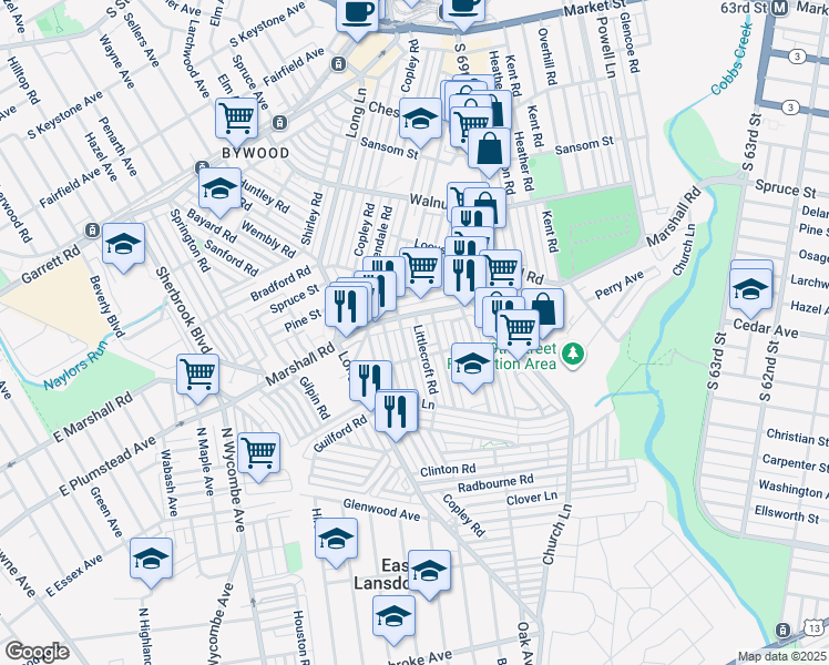 map of restaurants, bars, coffee shops, grocery stores, and more near 418 Littlecroft Road in Upper Darby