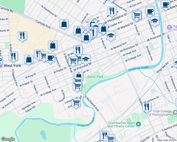 map of restaurants, bars, coffee shops, grocery stores, and more near 806 West Locust Street in York