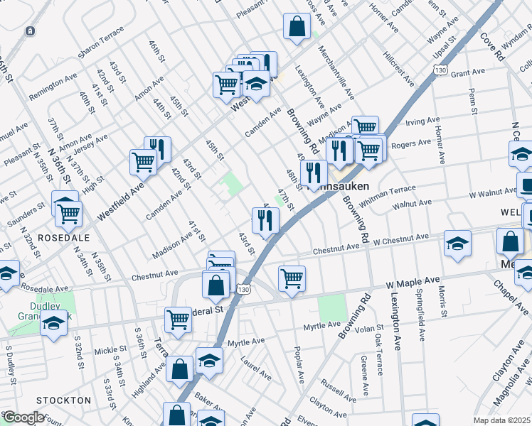 map of restaurants, bars, coffee shops, grocery stores, and more near 2525 46th Street in Pennsauken Township