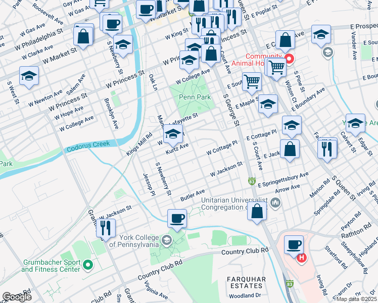 map of restaurants, bars, coffee shops, grocery stores, and more near 620 South Pershing Avenue in York