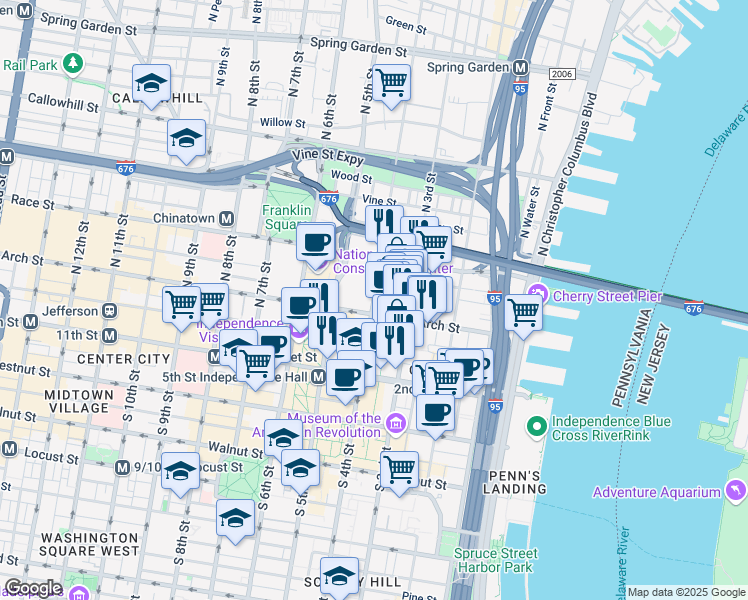 map of restaurants, bars, coffee shops, grocery stores, and more near 111 North 4th Street in Philadelphia