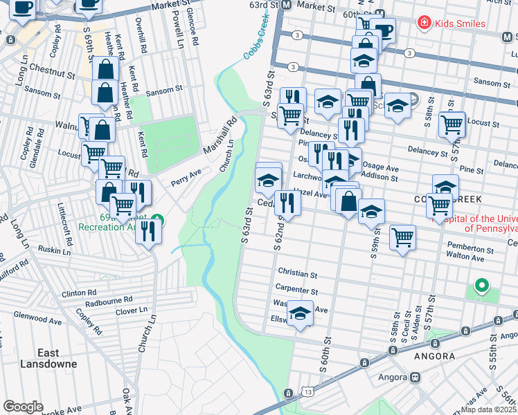 map of restaurants, bars, coffee shops, grocery stores, and more near 6248 Cedar Avenue in Philadelphia