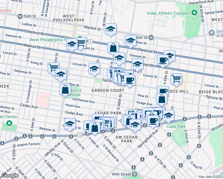 map of restaurants, bars, coffee shops, grocery stores, and more near 4833 Pine Street in Philadelphia