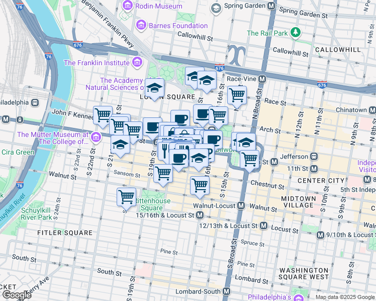 map of restaurants, bars, coffee shops, grocery stores, and more near 1700 Market Street in Philadelphia