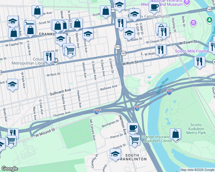 map of restaurants, bars, coffee shops, grocery stores, and more near 791 Bellows Avenue in Columbus
