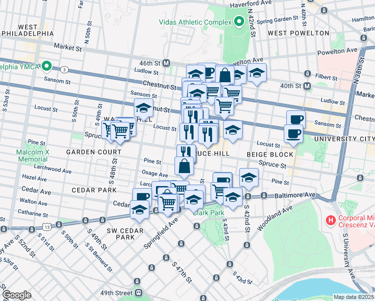 map of restaurants, bars, coffee shops, grocery stores, and more near Spruce Street in Philadelphia