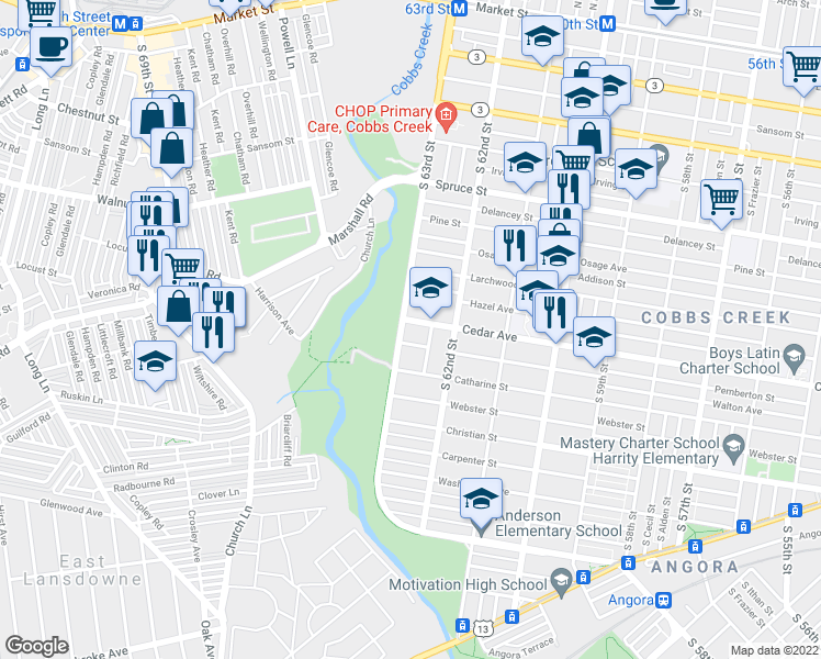 map of restaurants, bars, coffee shops, grocery stores, and more near 607 Cobbs Creek Parkway in Philadelphia