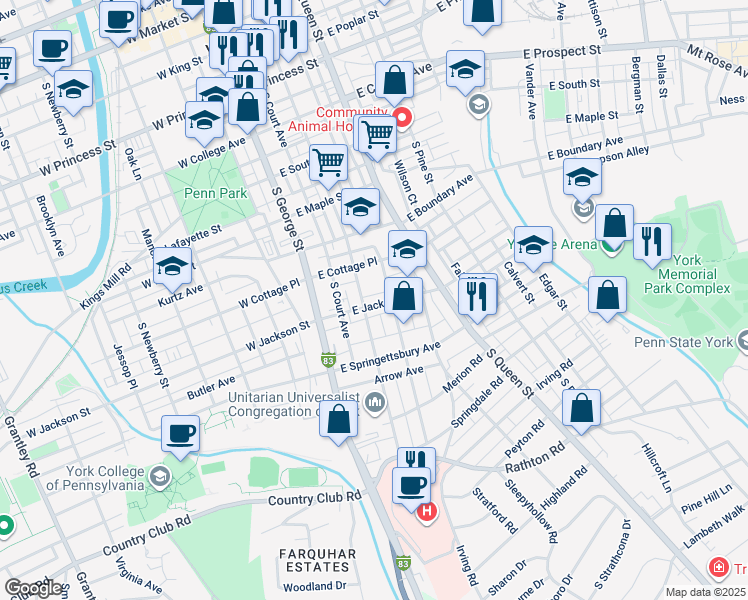 map of restaurants, bars, coffee shops, grocery stores, and more near 115 East Jackson Street in York