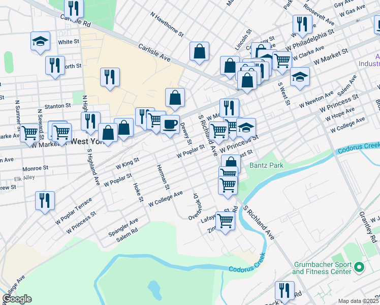 map of restaurants, bars, coffee shops, grocery stores, and more near 1110 West Poplar Street in West York
