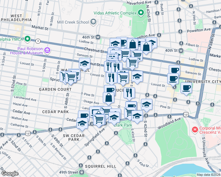 map of restaurants, bars, coffee shops, grocery stores, and more near Spruce Street & South 45th Street in Philadelphia