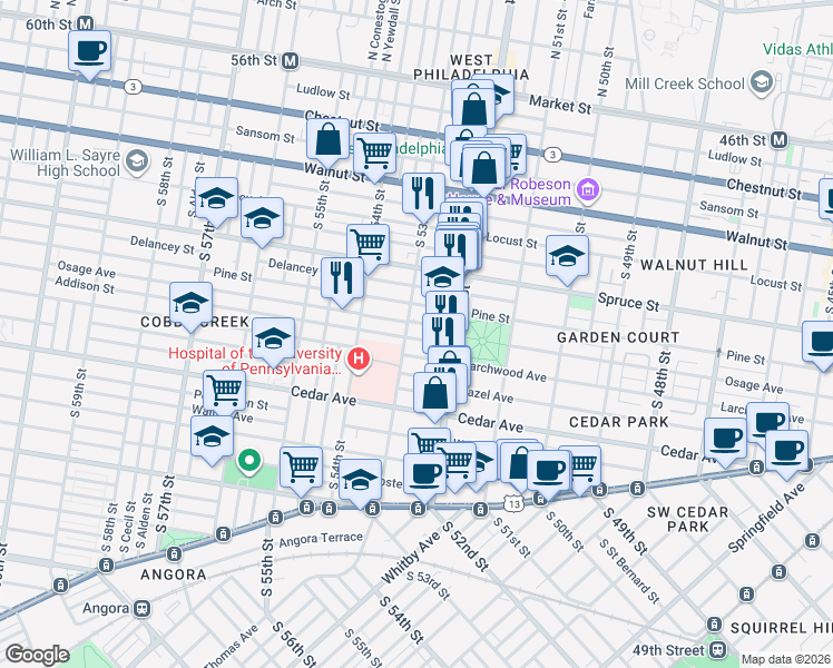 map of restaurants, bars, coffee shops, grocery stores, and more near 5254 Addison Street in Philadelphia