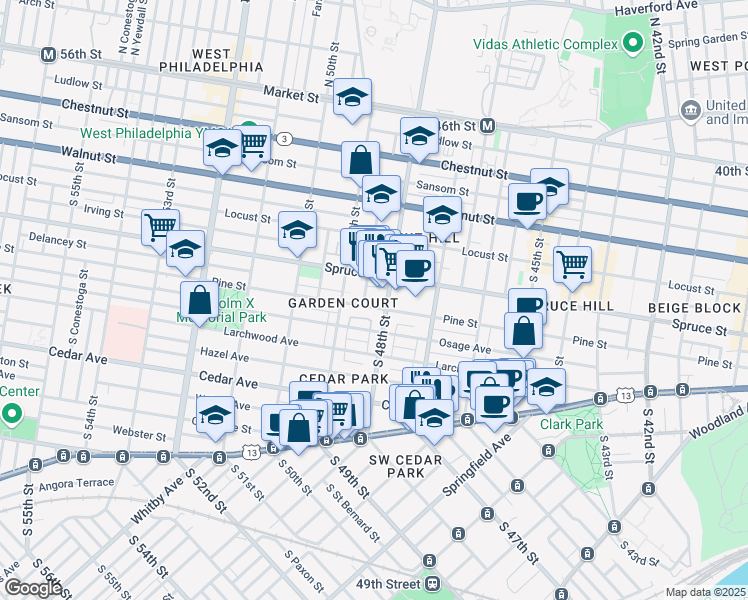 map of restaurants, bars, coffee shops, grocery stores, and more near 4815 Pine Street in Philadelphia