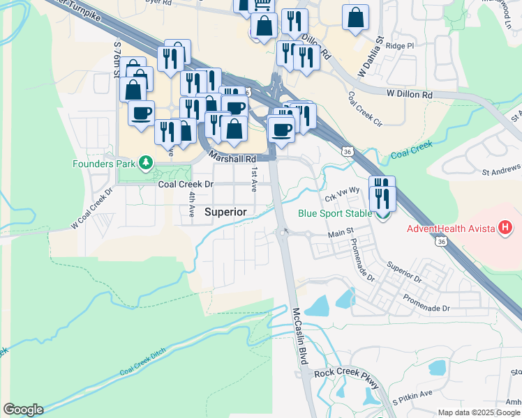 map of restaurants, bars, coffee shops, grocery stores, and more near 100 East William Street in Superior