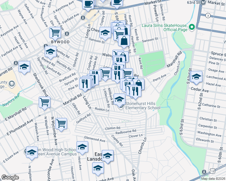 map of restaurants, bars, coffee shops, grocery stores, and more near 443 Millbank Road in Delaware County