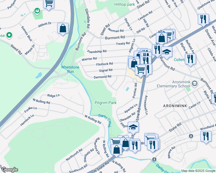 map of restaurants, bars, coffee shops, grocery stores, and more near 2214 Steele Road in Upper Darby