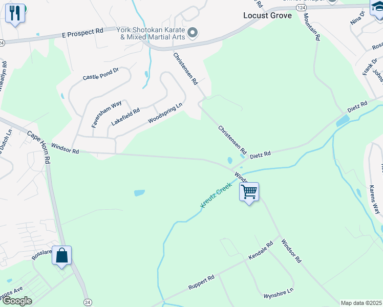 map of restaurants, bars, coffee shops, grocery stores, and more near 345 Windsor Road in York