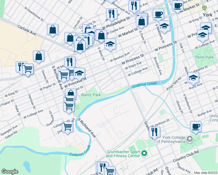 map of restaurants, bars, coffee shops, grocery stores, and more near 604 West College Avenue in York
