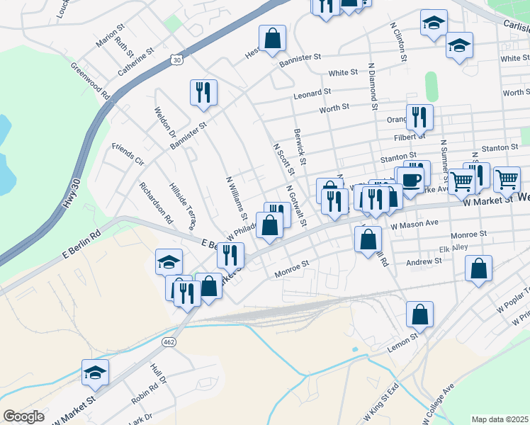 map of restaurants, bars, coffee shops, grocery stores, and more near 100 North Forrest Street in York