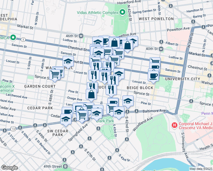 map of restaurants, bars, coffee shops, grocery stores, and more near 4323 Spruce Street in Philadelphia