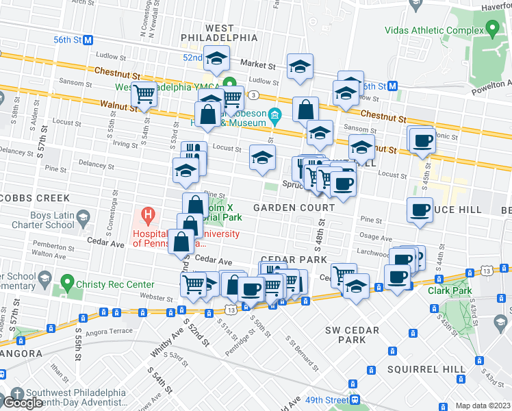 map of restaurants, bars, coffee shops, grocery stores, and more near 5004 Pine Street in Philadelphia