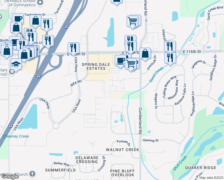 map of restaurants, bars, coffee shops, grocery stores, and more near 11437 Mossy Court in Fishers