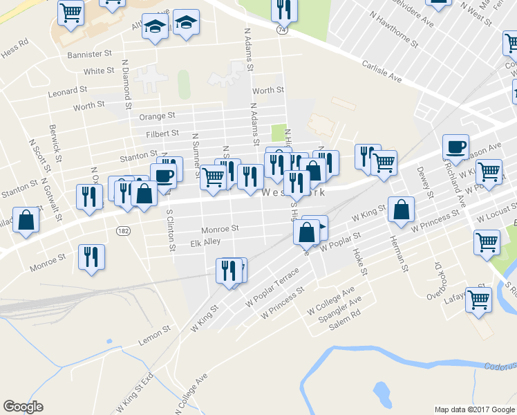 map of restaurants, bars, coffee shops, grocery stores, and more near 18 South Adams Street in York